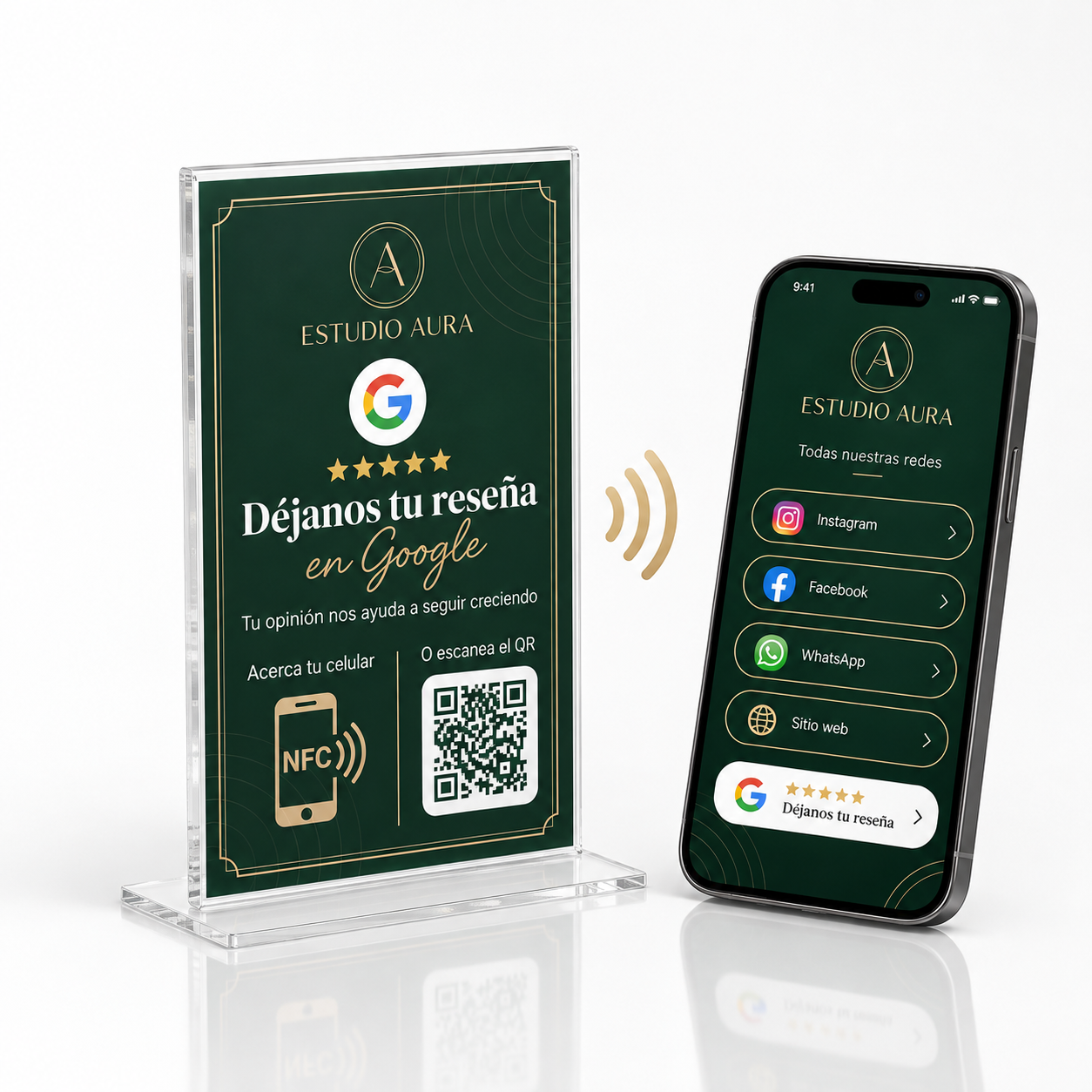 Propio Stand Stand de acrílico personalizado NFC y QR en Chile | Reseña Fácil